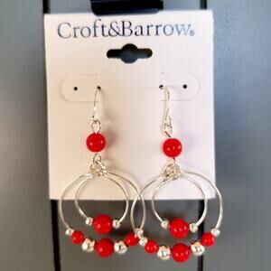 Croft & Barrow Hoop Dangle Earrings Red Silver Beads 2in  Beaded Free Gift Bag